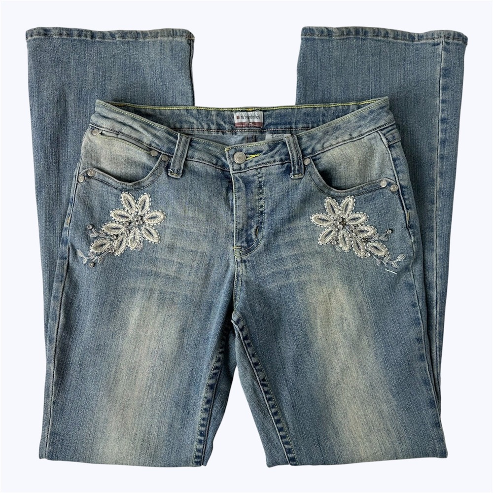 Vtg No Boundaries Bootcut Jeans Floral Embroidered Rhinestone Y2K Boho Sz 13